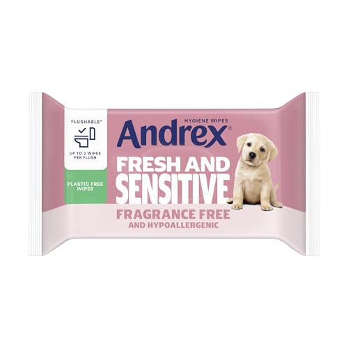 Andrex Fresh and Sensitive Hygiene Wipes, 12 Pack; Flushable Moist Toilet Tissue, Hypoallergenic and Fragrance Free Wet Wipes for Sensitive Skin (Pack of 12), FSC Certified