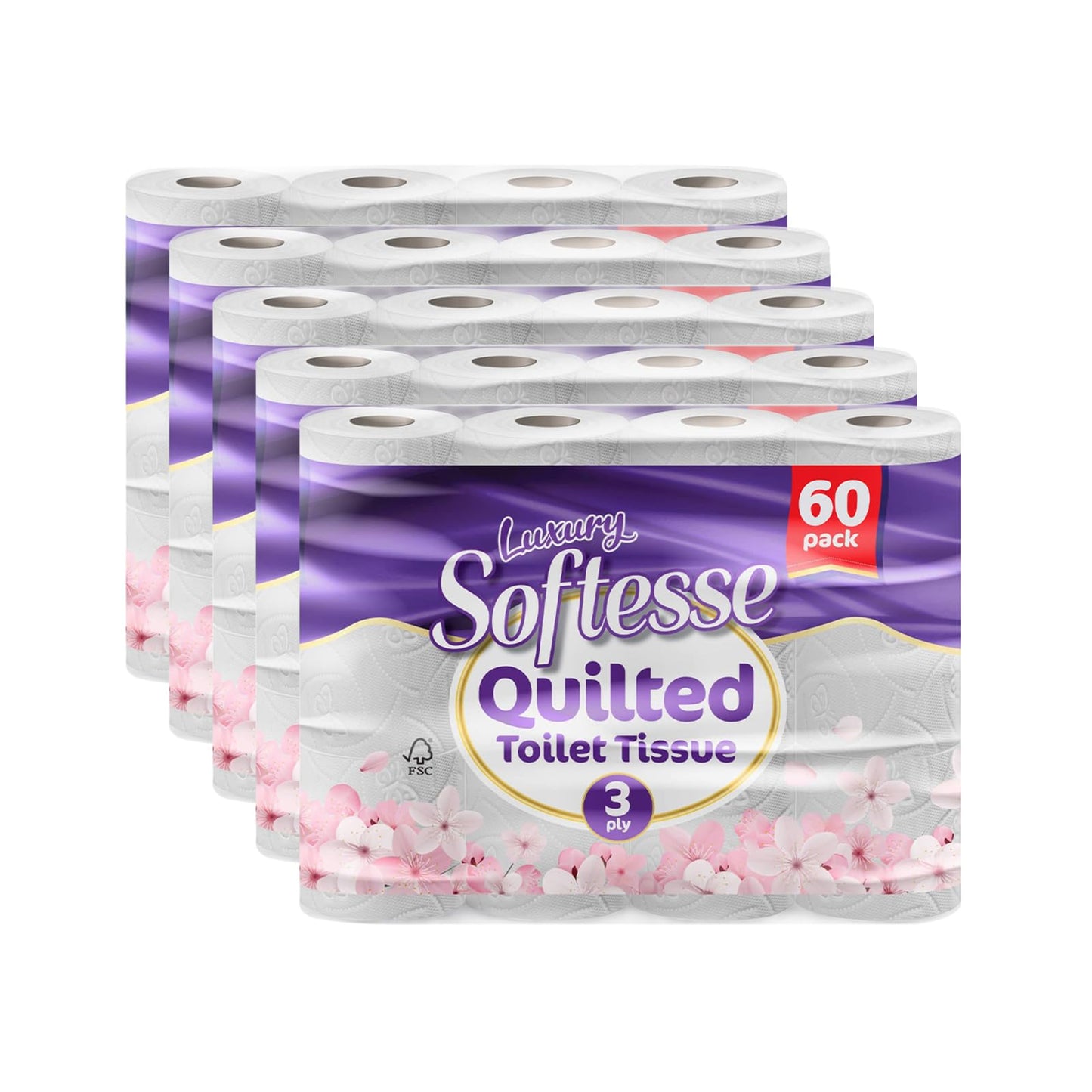 Softesse Toilet Paper 60 Rolls, 3 Ply Toilet Rolls Bulk Buy, Luxuriously Soft, Gentle and Hypoallergenic Sustainable Toilet Rolls - Quilted Toilet Roll for Your Family - Dermatologically Tested (60)