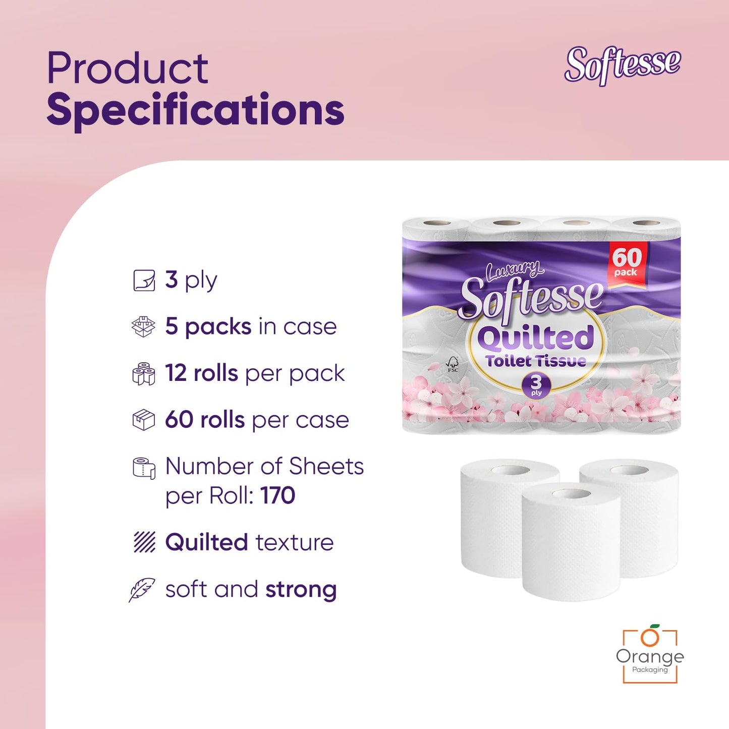 Softesse Toilet Paper 60 Rolls, 3 Ply Toilet Rolls Bulk Buy, Luxuriously Soft, Gentle and Hypoallergenic Sustainable Toilet Rolls - Quilted Toilet Roll for Your Family - Dermatologically Tested (60)