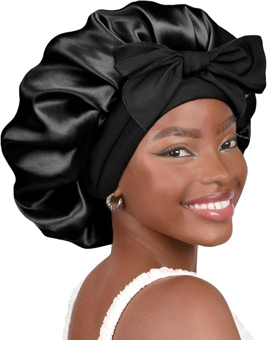 YANIBEST Satin Bonnet Silk Bonnet for Sleeping Double Layer Satin Lined Hair Bonnet with Tie Band for Women Curly Hair Black