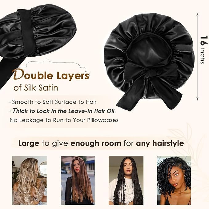 YANIBEST Satin Bonnet Silk Bonnet for Sleeping Double Layer Satin Lined Hair Bonnet with Tie Band for Women Curly Hair Black