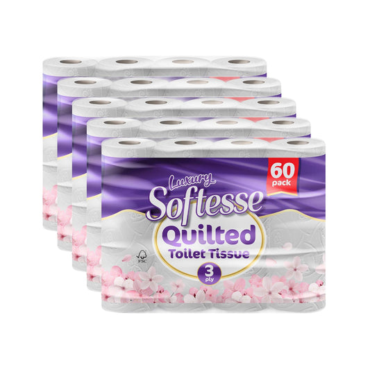 Softesse Toilet Paper 60 Rolls, 3 Ply Toilet Rolls Bulk Buy, Luxuriously Soft, Gentle and Hypoallergenic Sustainable Toilet Rolls - Quilted Toilet Roll for Your Family - Dermatologically Tested (60)